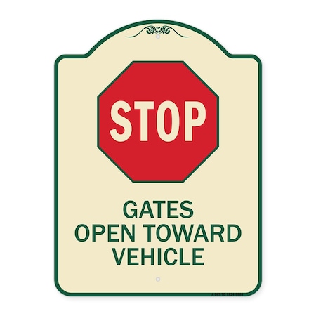 SIGNMISSION Designer Series-Stop Gates Open Toward Vehicle Tan & Green Heavy-Gauge Alum, 24" x 18", TG-1824-9884 A-DES-TG-1824-9884